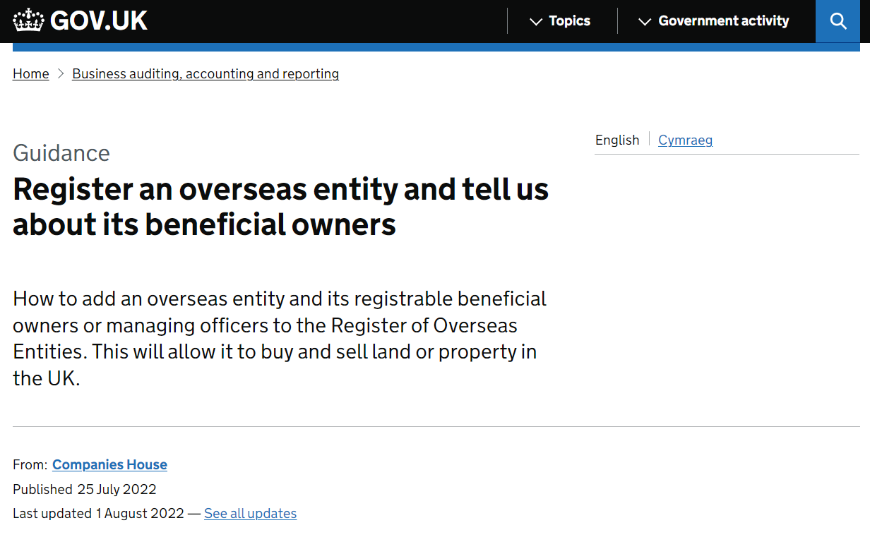 Guidance to register an overseas entity and tell us about its beneficial owners
