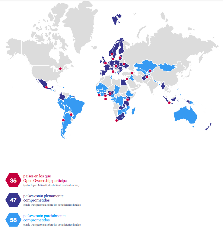 Figura 1. El mapa muestra los países comprometidos con la transparencia sobre los beneficiarios finales y en cuáles de ellos participa OO