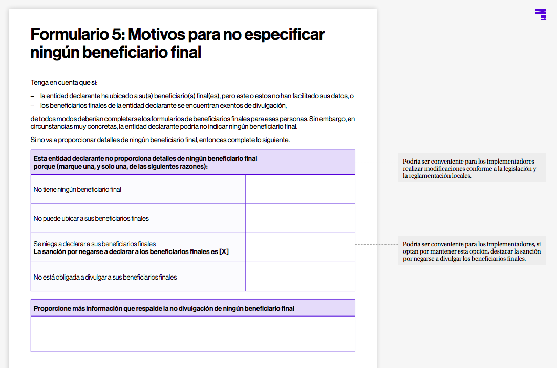 Formulario 5: Motivos para no especificar ningún beneficiario final