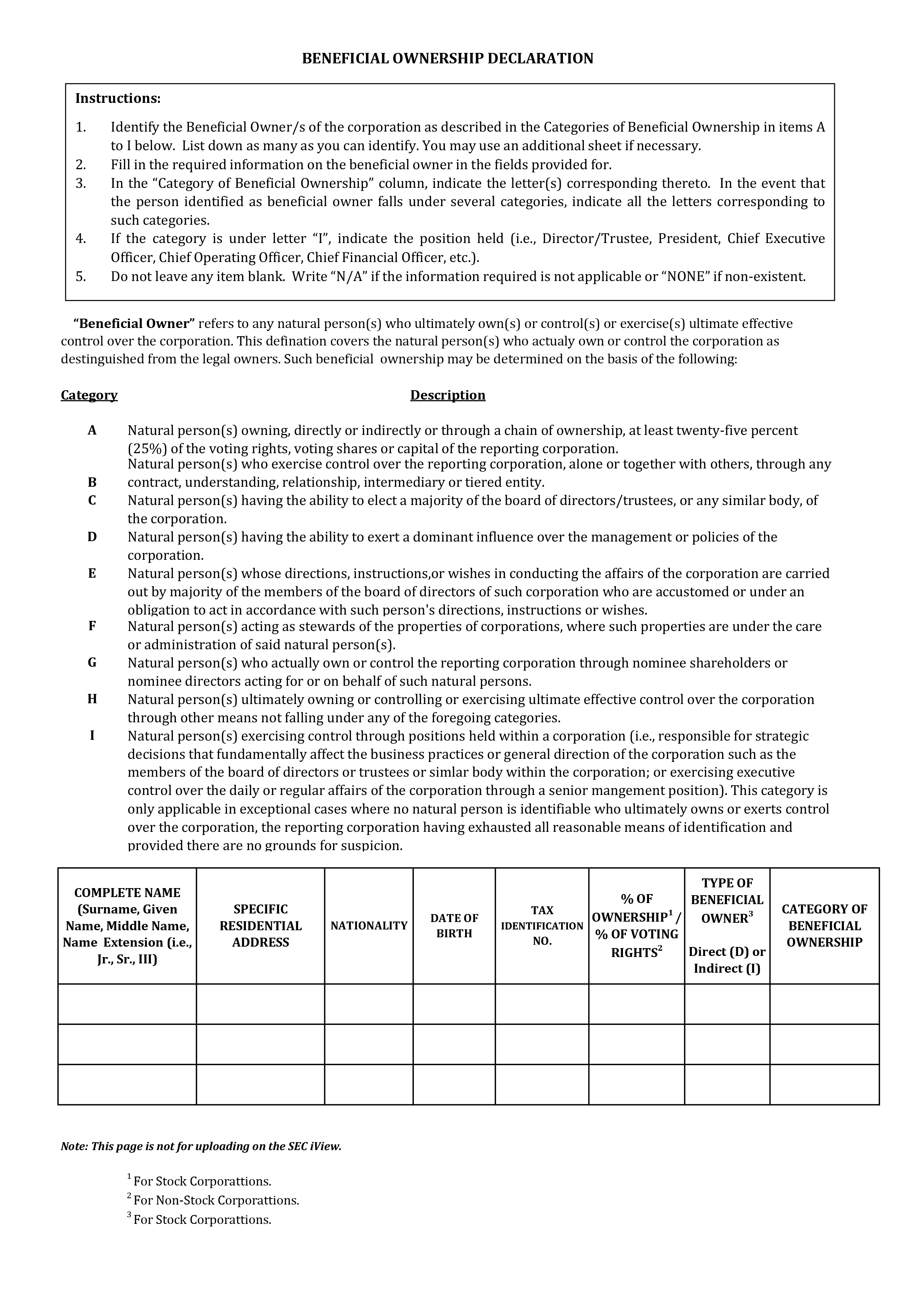 Appendix A – Beneficial Ownership Declaration Form (SEC MC 15)