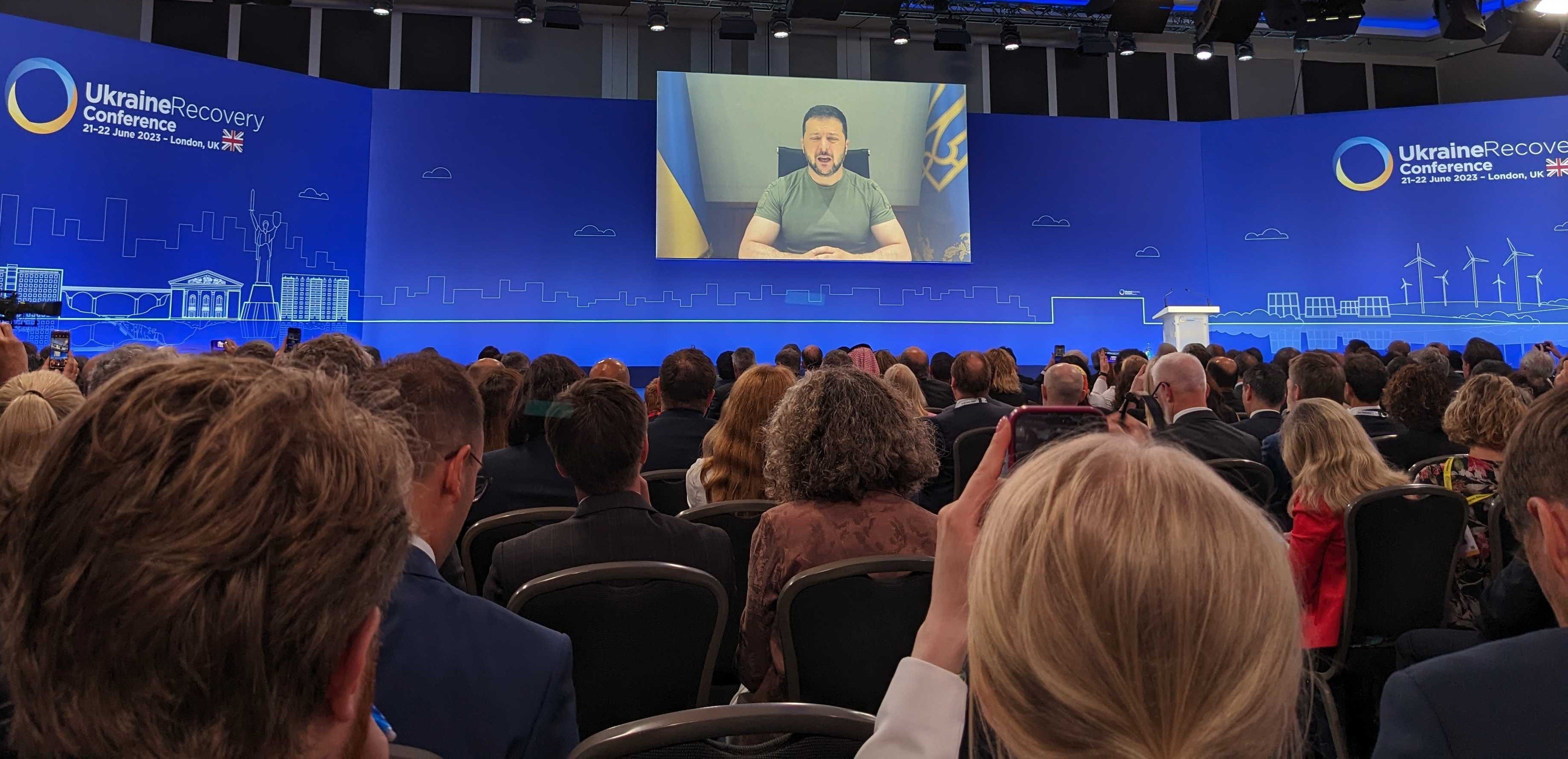 President of Ukraine Volodymyr Zelenskyy addressing the Ukraine Recovery Conference in June 2023